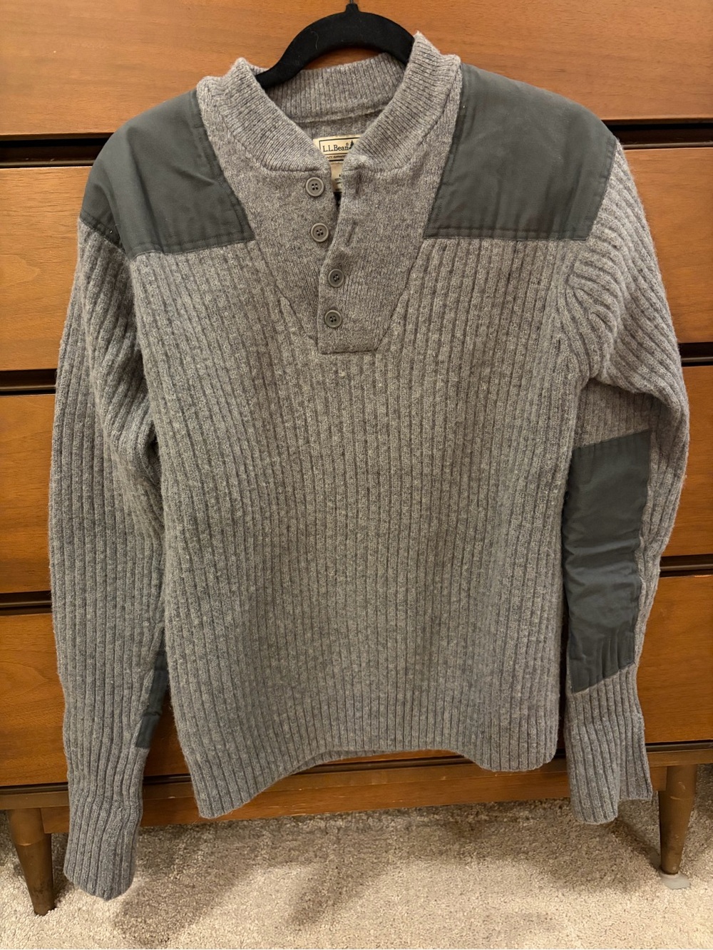 L.L. Bean Men's Gray Ribbed Henley Sweater with Elbow and Shoulder Patches